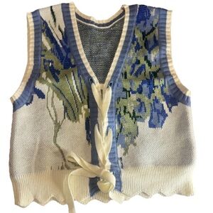 Cottagecore Floral Knit Vest with Lace-Up Front Small